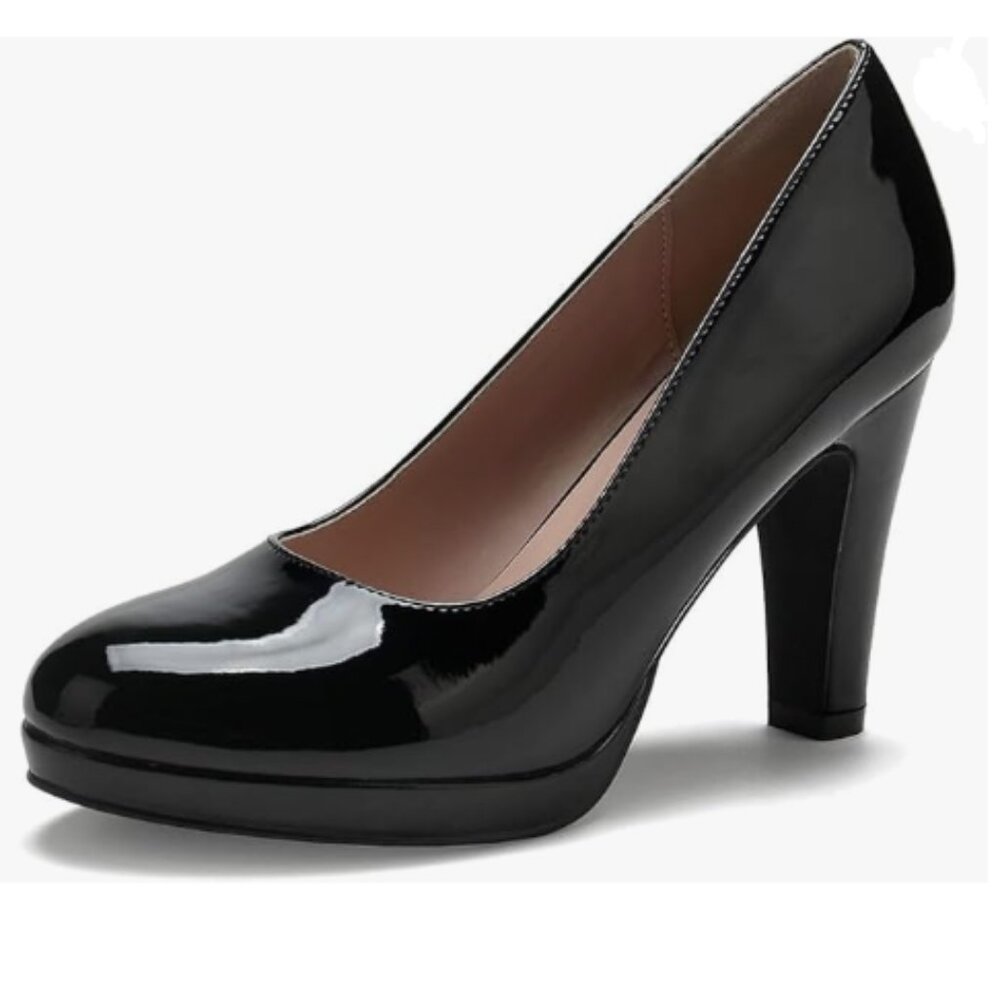 miss left Black Low Platform Chunky High Heels Slip On Closed Round Toe Pump